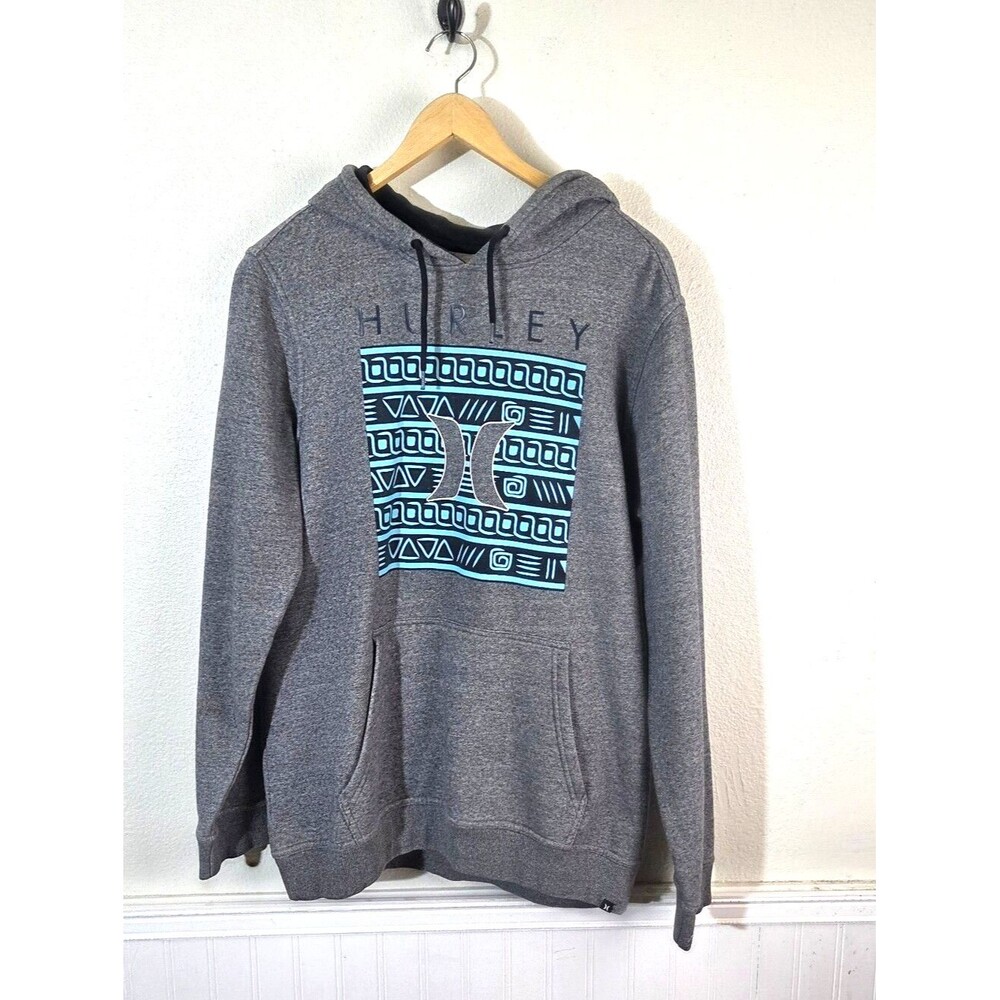 Hurley Mens Hoodie Large Gray Blue Tribal Graphic Pullover Skate Surf Y2K